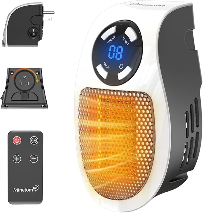 Plug in Small Space Heater for Indoor Use 450W, Wall Outlet Electric Heater with Remote, 12H Timer & LED Display, PTC Ceramic Fast Heat Safely for Bedroom Bathroom Office